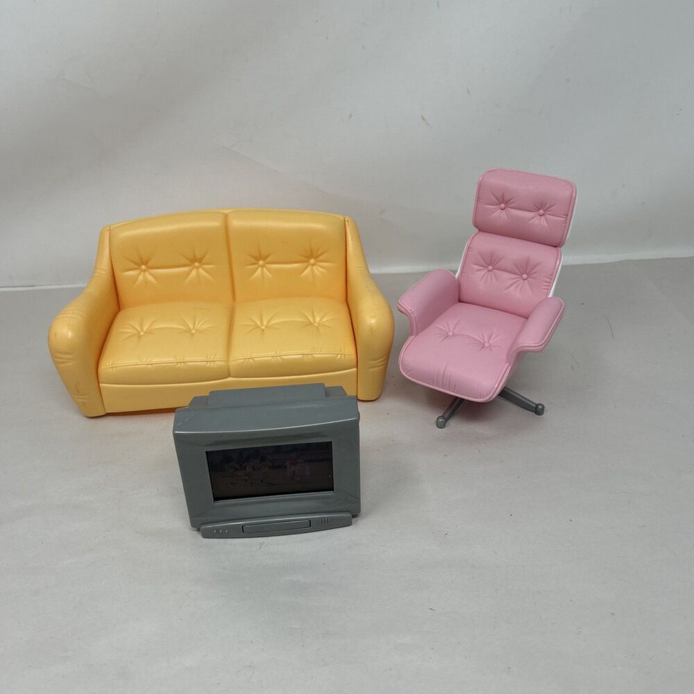 Barbie Doll Yellow Sofa Loveseat Pink Lounge Chair & TV 1990s Vintage